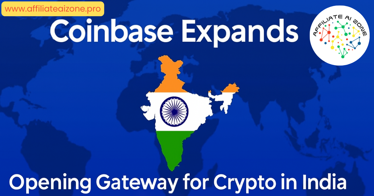 Illustration of Coinbase's expansion into India with a digital map background, Indian flag overlay, and tagline 'Opening Gateway for Crypto in India'.