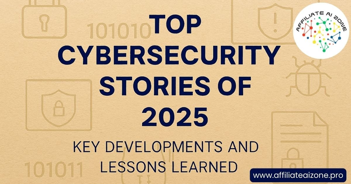 A digital graphic showing cybersecurity icons like padlocks, shields, bugs, and surveillance symbols with the title “Top Cybersecurity Stories of 2025” and tagline “Key Developments and Lessons Learned” on a deep blue background.