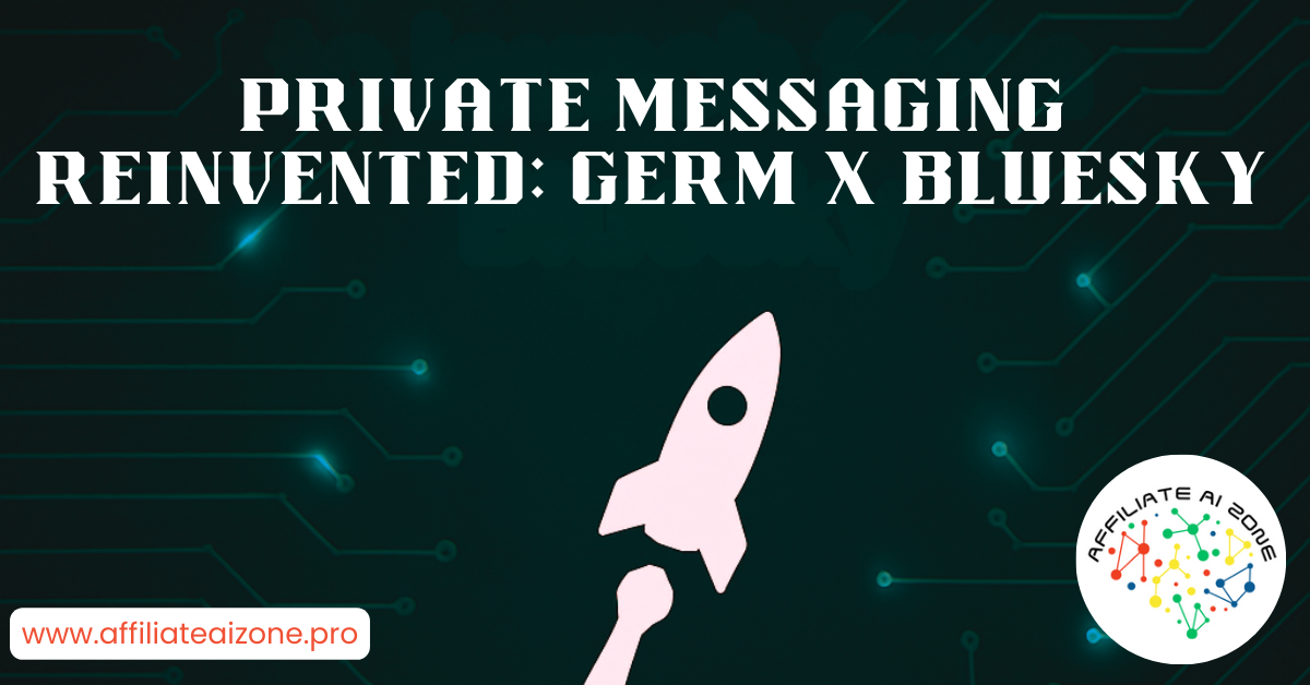 Landscape image with a dark blue tech-themed background featuring glowing circuit lines and a rocket icon launching upward. Tagline reads: “Private Messaging Reinvented: Germ x Bluesky.